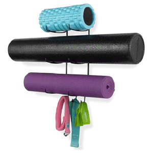 Heim wallniture guru wandhalterung für yogamatte, heim fitnessgeräte, widerstandsbänder und schaumstoffrollenhalter mit 3 haken, 3 metallschnitte, schwarz