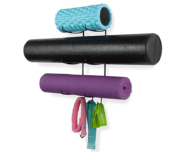 wallniture guru wandhalterung für yogamatte, heim fitnessgeräte, widerstandsbänder und schaumstoffrollenhalter mit 3 haken, 3 metallschnitte, schwarz wallniture guru wandhalterung für yogamatte, heim fitnessgeräte, widerstandsbänder und schaumstoffrollenhalter mit 3 haken, 3 metallschnitte, schwarz
